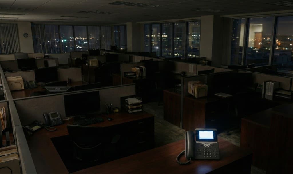 Empty law office at night with phone ringing